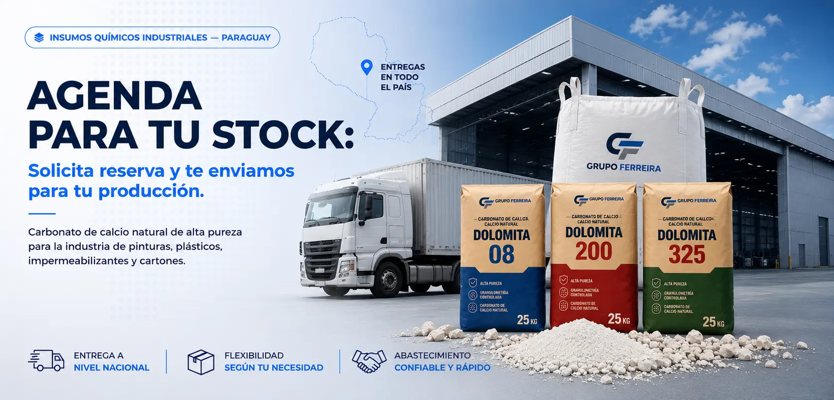 Agenda para tu stock: Dolomita 08, 200 y 325 en bolsas de 25 kg, entrega a nivel nacional
